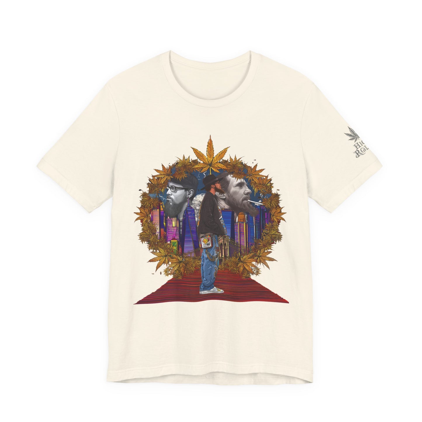 High Roller Red Carpet Cannabis T-Shirt - Premium 420 Hip-Hop Legacy Golden Frame Street Culture Artistic Portrait Apparel