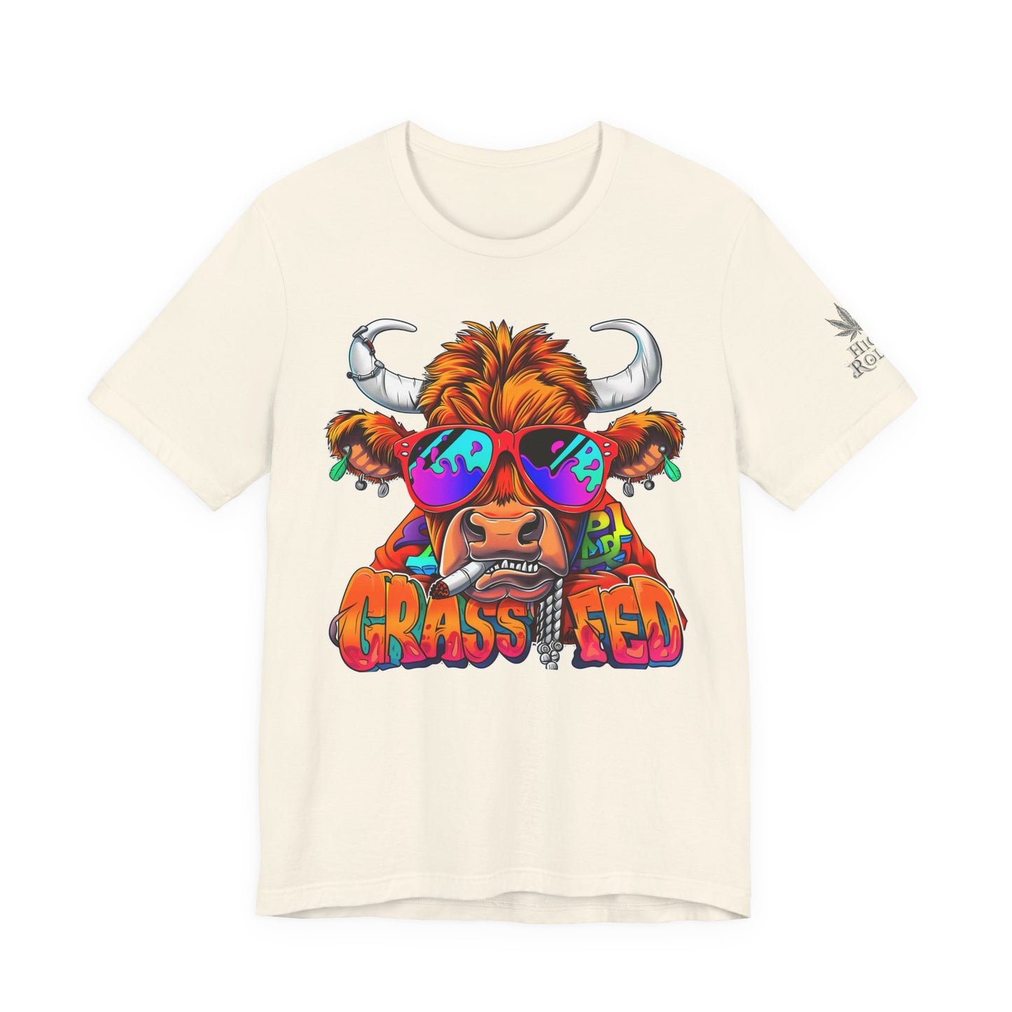 High Roller Grass Fed Cannabis T-Shirt - Premium 420 Highland Cow Humor Psychedelic Sunglasses Farm Culture Comedy Apparel