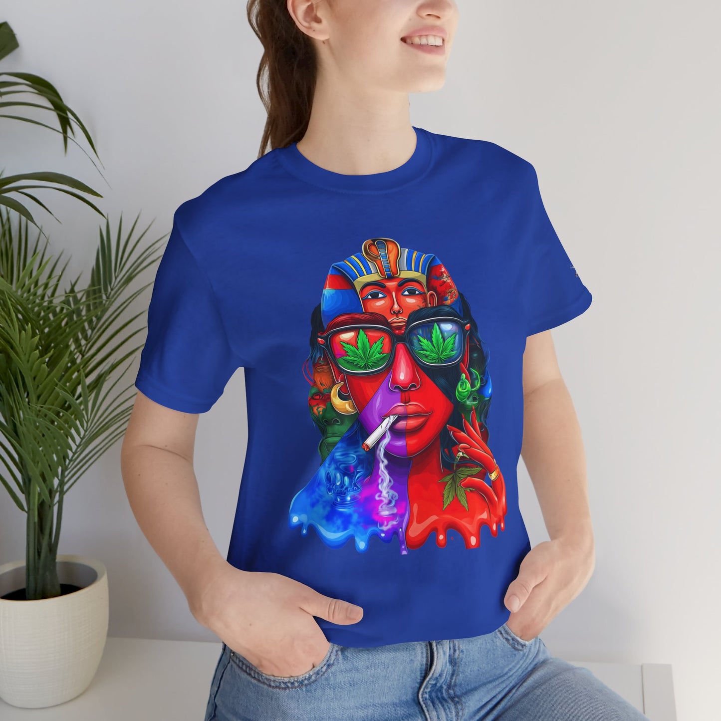 Pharaoh Vision Premium Cannabis Culture T-Shirt - Ancient Egyptian Royalty With Modern Cannabis Celebration And Psychedelic Split-Face Art