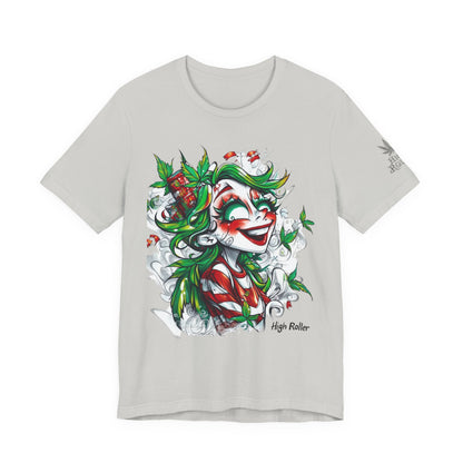 High Roller Jester Queen Cannabis T-Shirt - Premium 420 Harlequin Beauty Holiday Celebration Apparel