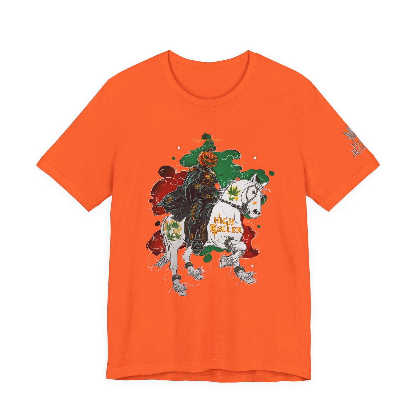 Headless Horseman HIGH ROLLER Halloween Cannabis T-Shirt - Premium Pumpkin Rider Skeletal Steed 420 Apparel