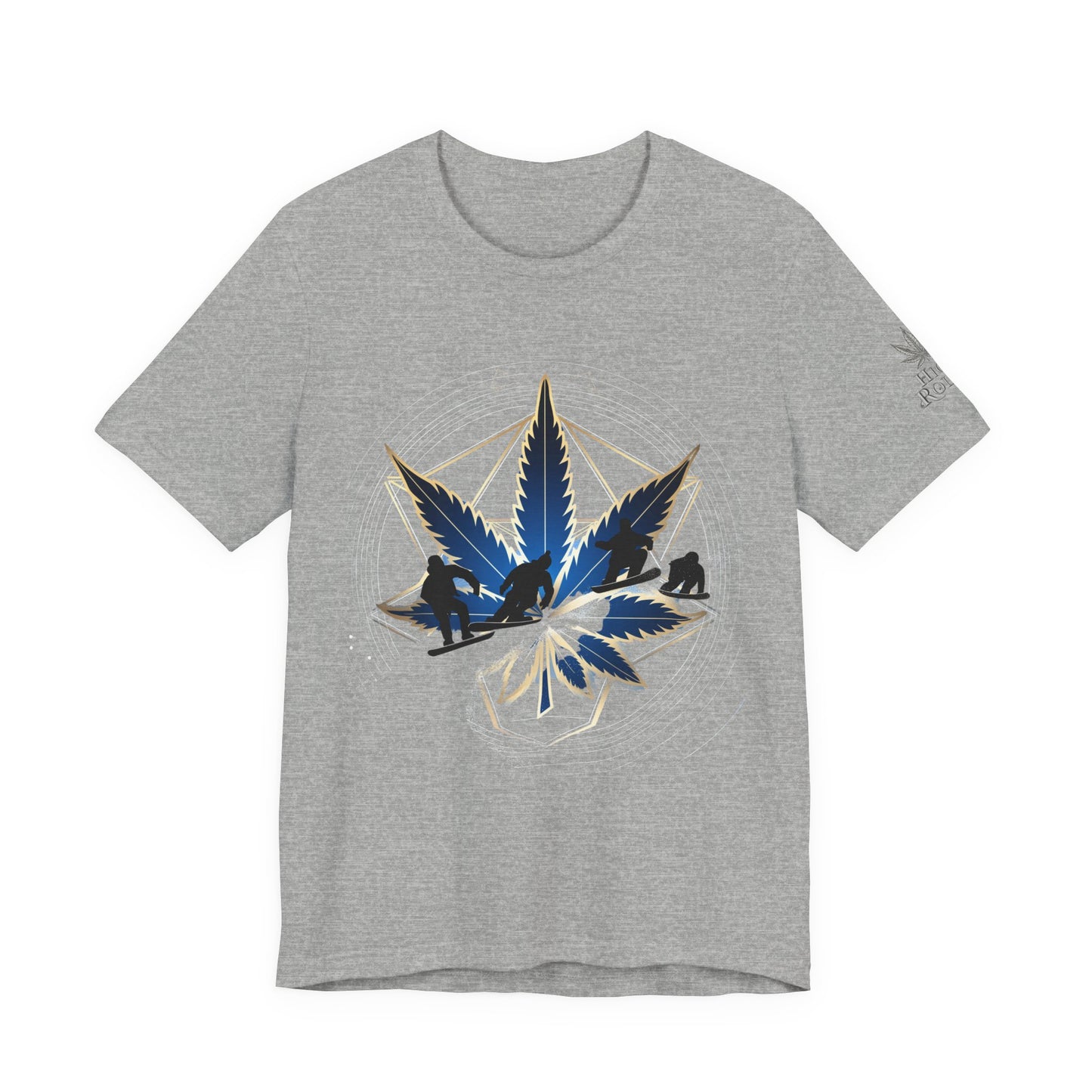 Sacred Geometry Snowboard Premium Cannabis Culture T-Shirt - Emerald Green Tee With Action Sports And Crystalline Cannabis Geometric Mandala