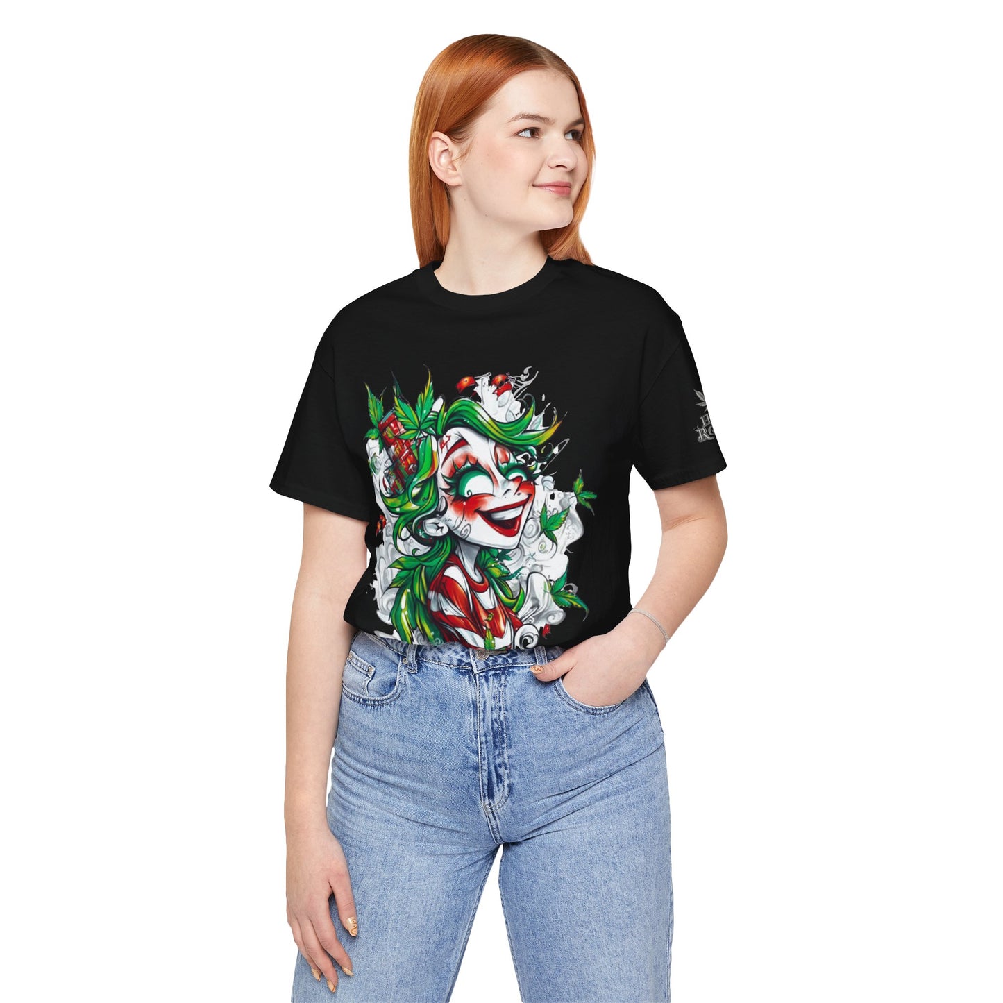 High Roller Jester Queen Cannabis T-Shirt - Premium 420 Harlequin Beauty Holiday Celebration Apparel