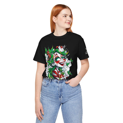 High Roller Jester Queen Cannabis T-Shirt - Premium 420 Harlequin Beauty Holiday Celebration Apparel
