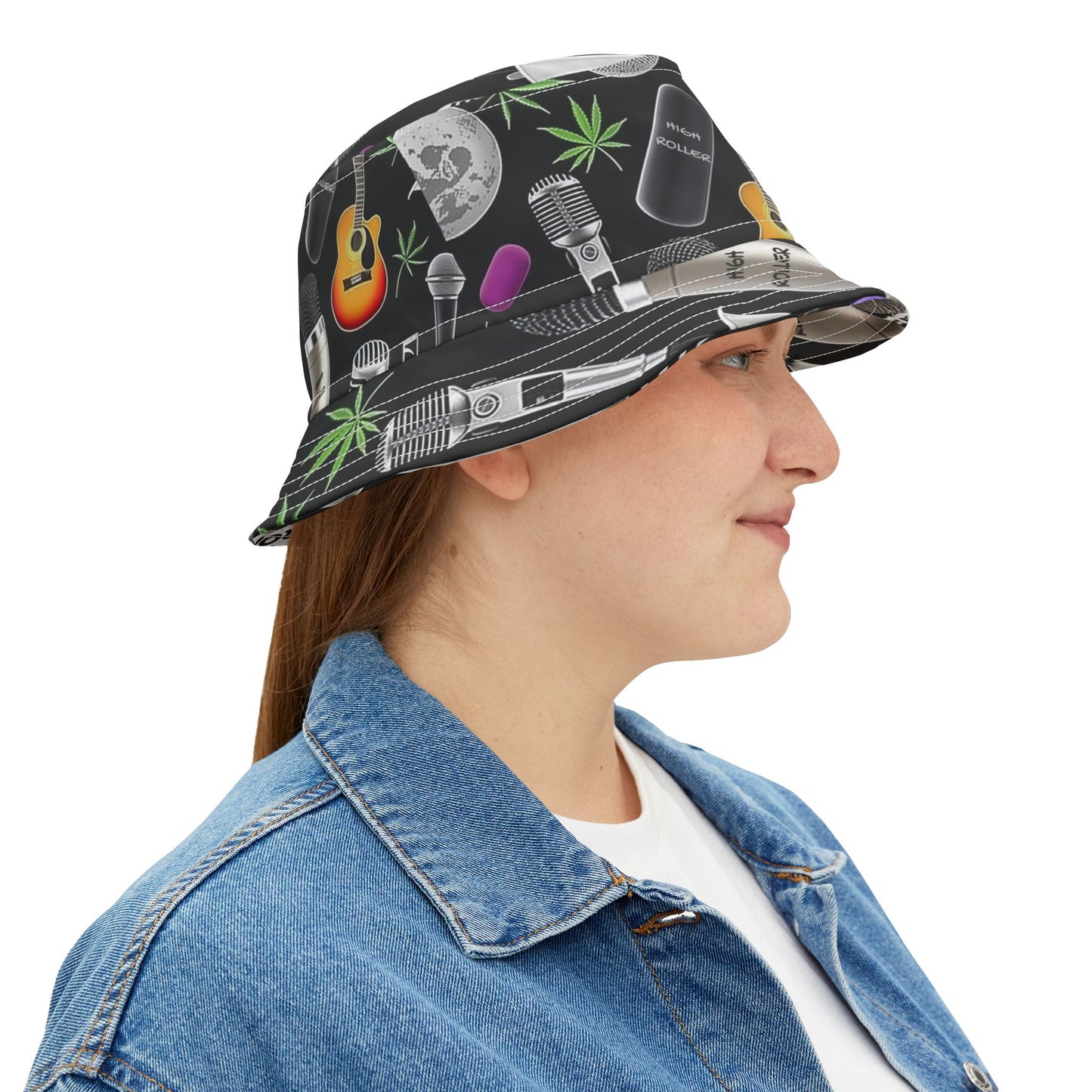 Cannabis Leaf & Music Bucket Hat - Artistic Pattern Fashion Accessory