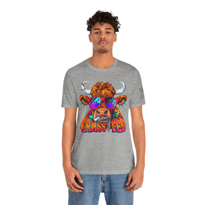 High Roller Grass Fed Cannabis T-Shirt - Premium 420 Highland Cow Humor Psychedelic Sunglasses Farm Culture Comedy Apparel