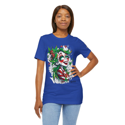 High Roller Jester Queen Cannabis T-Shirt - Premium 420 Harlequin Beauty Holiday Celebration Apparel