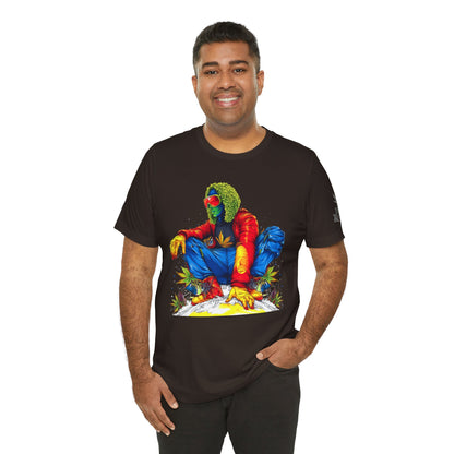 Psychedelic Chill Premium Cannabis Culture T-Shirt - Vibrant Street Art With Rainbow Color Explosion And Meditative Pose