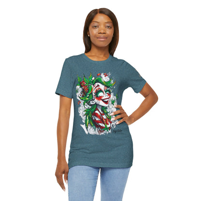 High Roller Jester Queen Cannabis T-Shirt - Premium 420 Harlequin Beauty Holiday Celebration Apparel