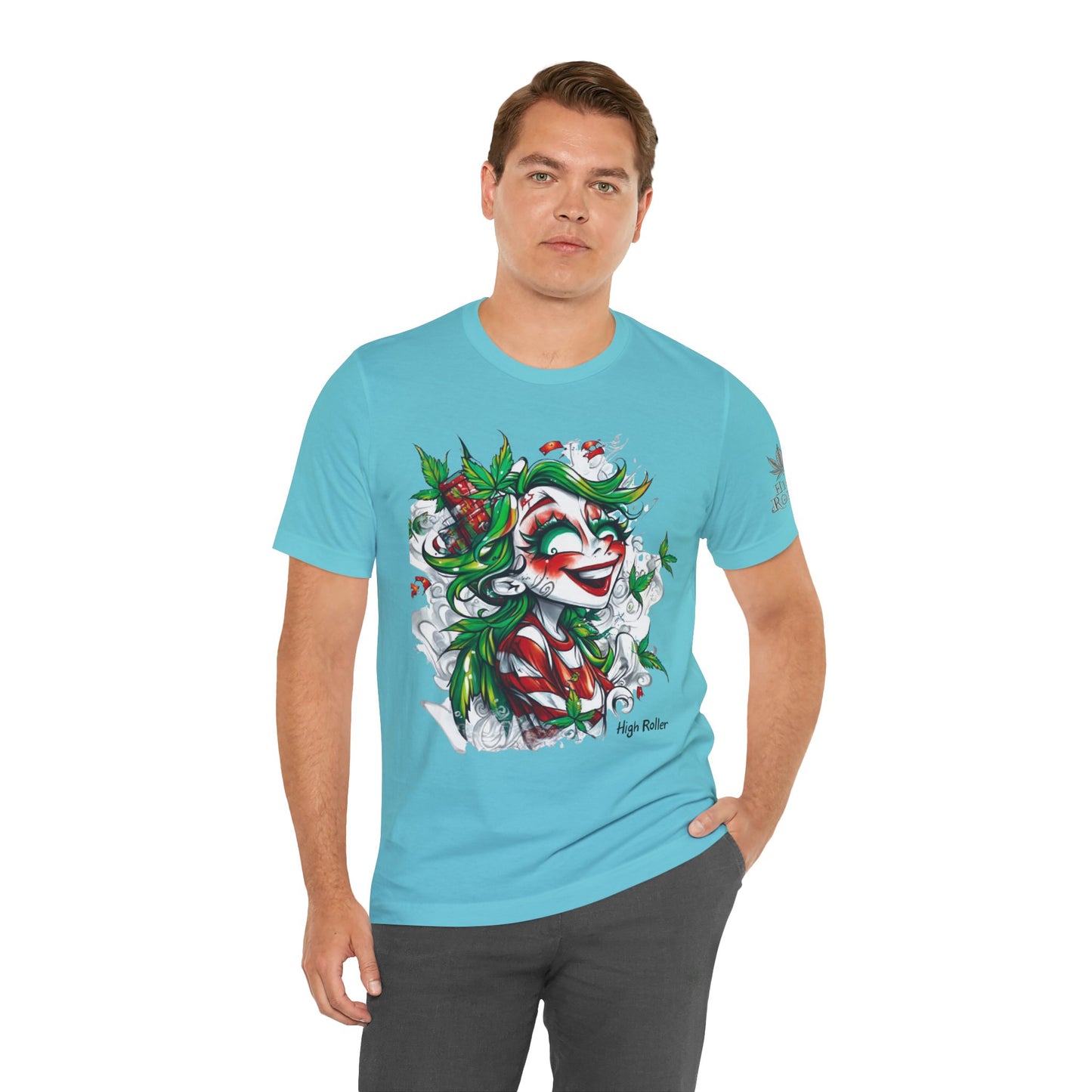 High Roller Jester Queen Cannabis T-Shirt - Premium 420 Harlequin Beauty Holiday Celebration Apparel
