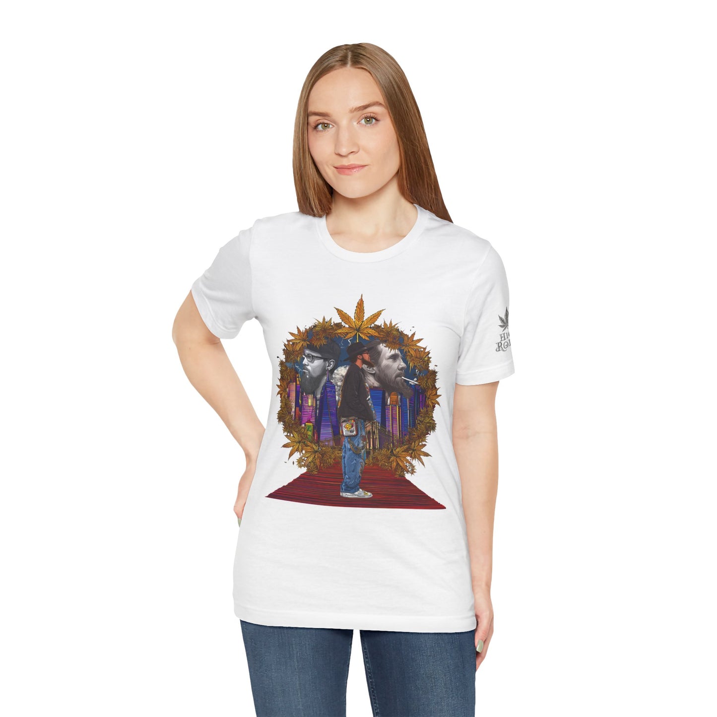 High Roller Red Carpet Cannabis T-Shirt - Premium 420 Hip-Hop Legacy Golden Frame Street Culture Artistic Portrait Apparel