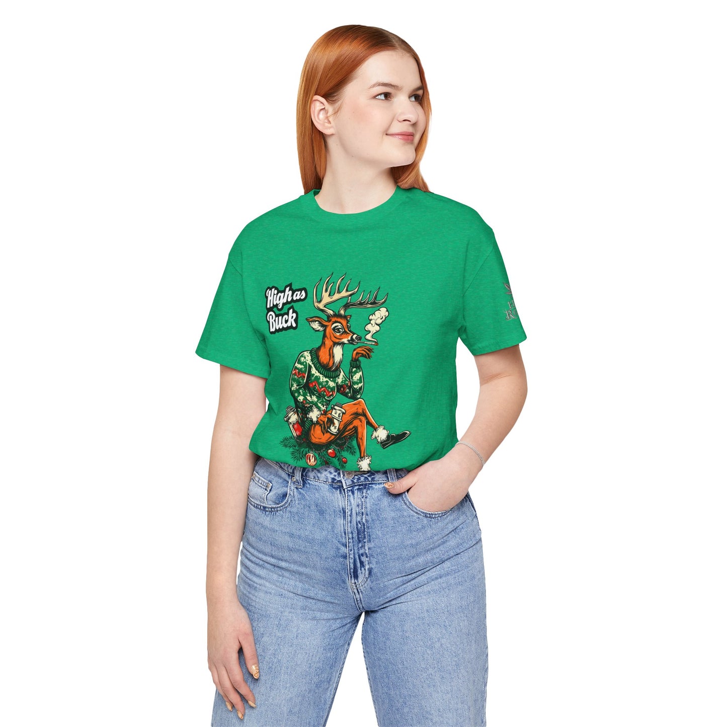 High as Buck T-Shirt - Premium Airlume Cotton Cannabis Christmas Deer Holiday Tee