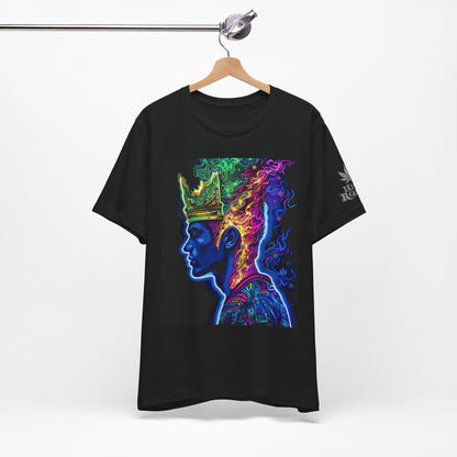 Crown Of Consciousness Premium Cannabis Culture Black T-Shirt - Neon Psychedelic Queen With Rainbow Smoke Crown And Urban Fashion Elements