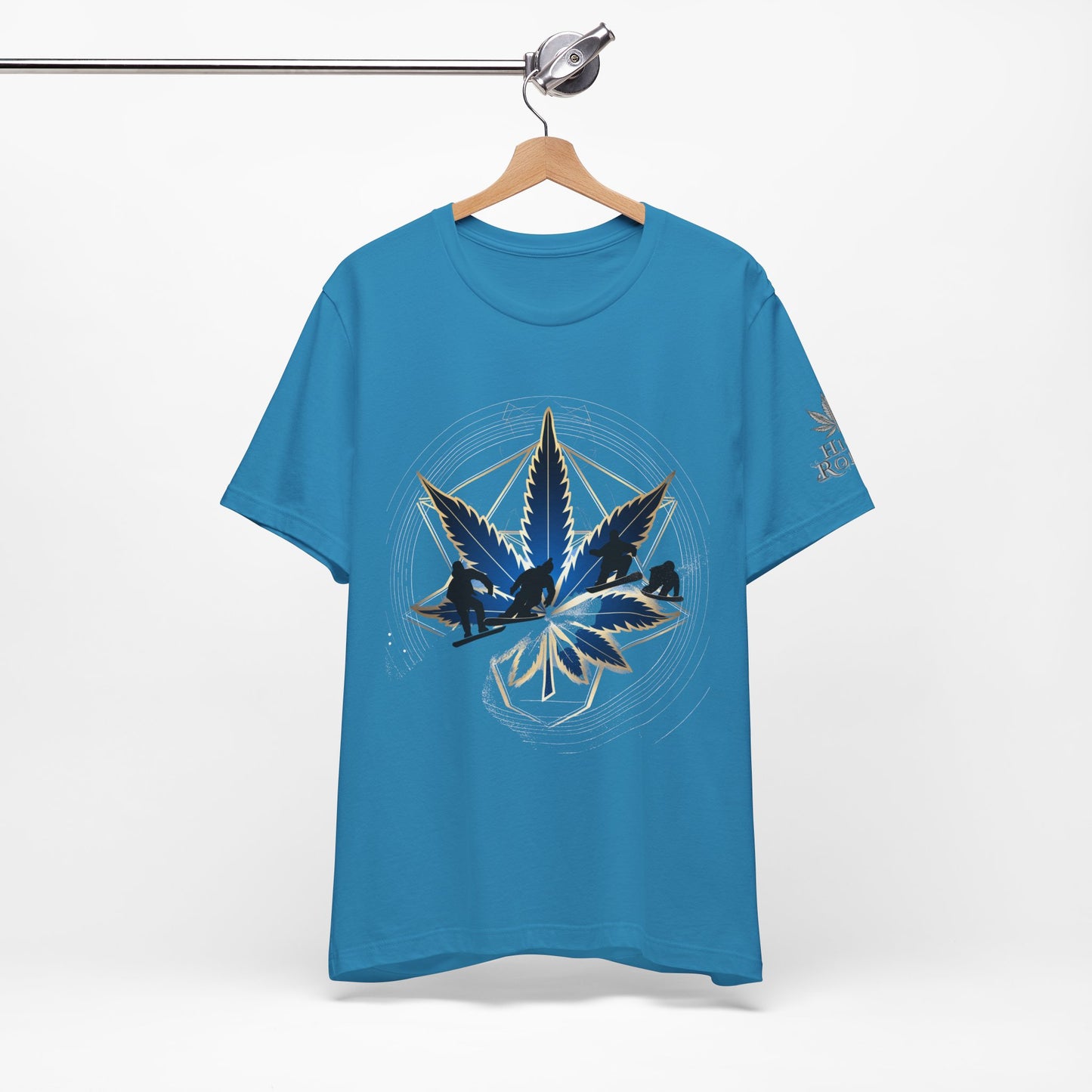 Sacred Geometry Snowboard Premium Cannabis Culture T-Shirt - Emerald Green Tee With Action Sports And Crystalline Cannabis Geometric Mandala