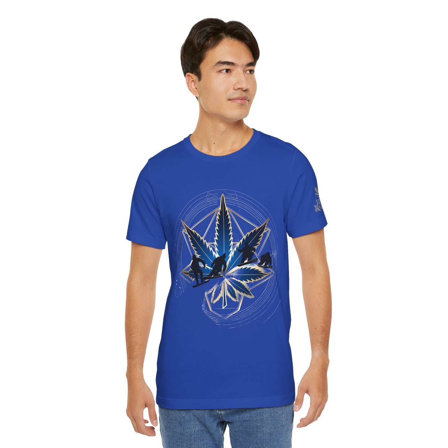 Sacred Geometry Snowboard Premium Cannabis Culture T-Shirt - Emerald Green Tee With Action Sports And Crystalline Cannabis Geometric Mandala