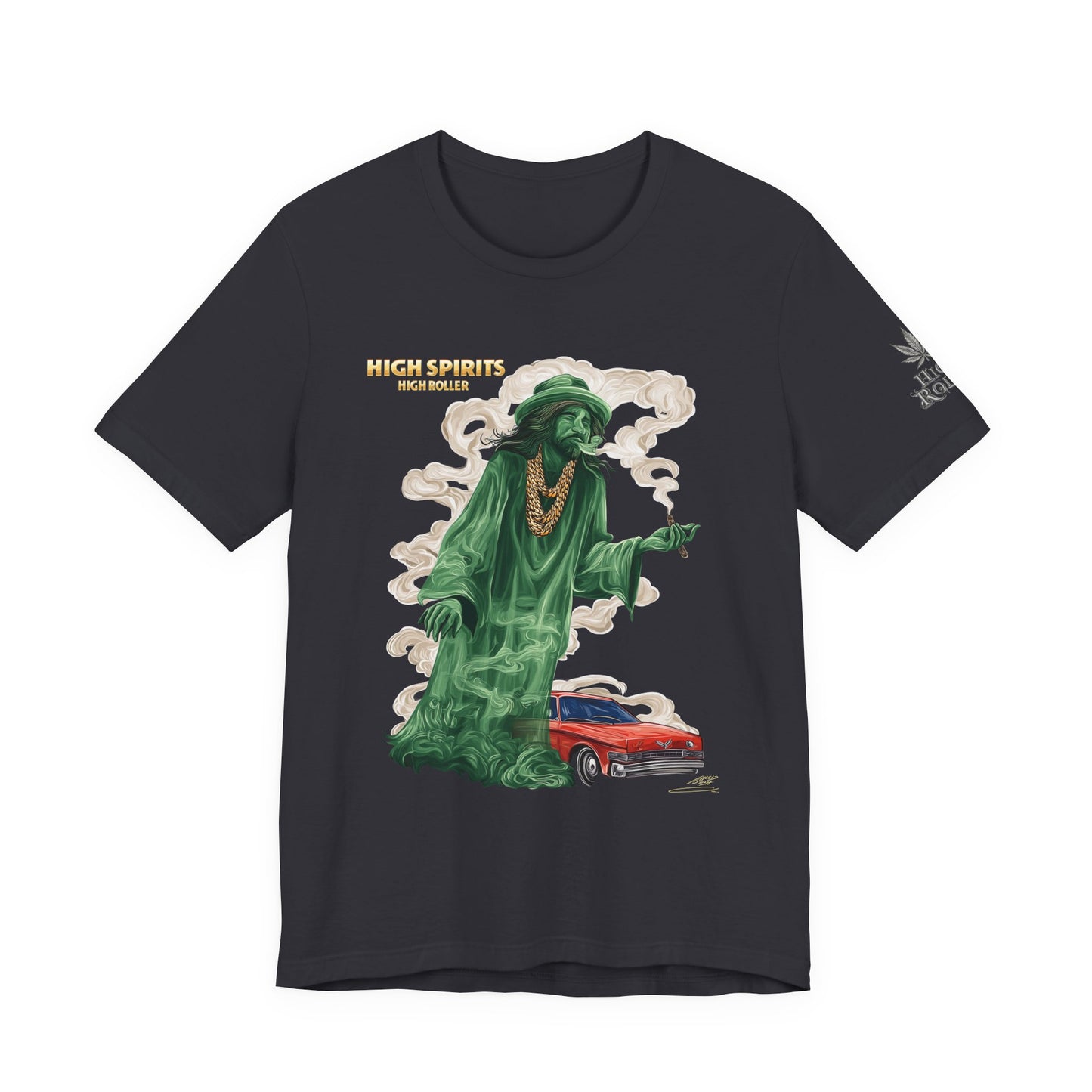 High Spirits HIGH ROLLER Halloween Cannabis Ghost T-Shirt - Premium Spectral Lowrider Phantom 420 Apparel