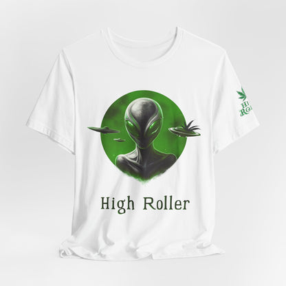 Cosmic Visitor Tee - Premium Airlume Cotton Cannabis Culture UFO Alien Art