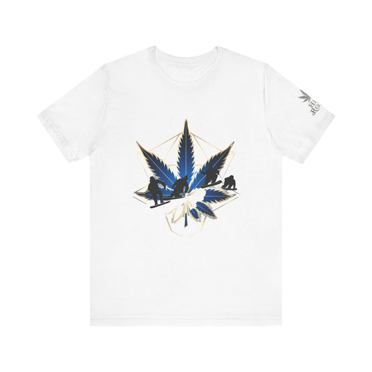 Sacred Geometry Snowboard Premium Cannabis Culture T-Shirt - Emerald Green Tee With Action Sports And Crystalline Cannabis Geometric Mandala