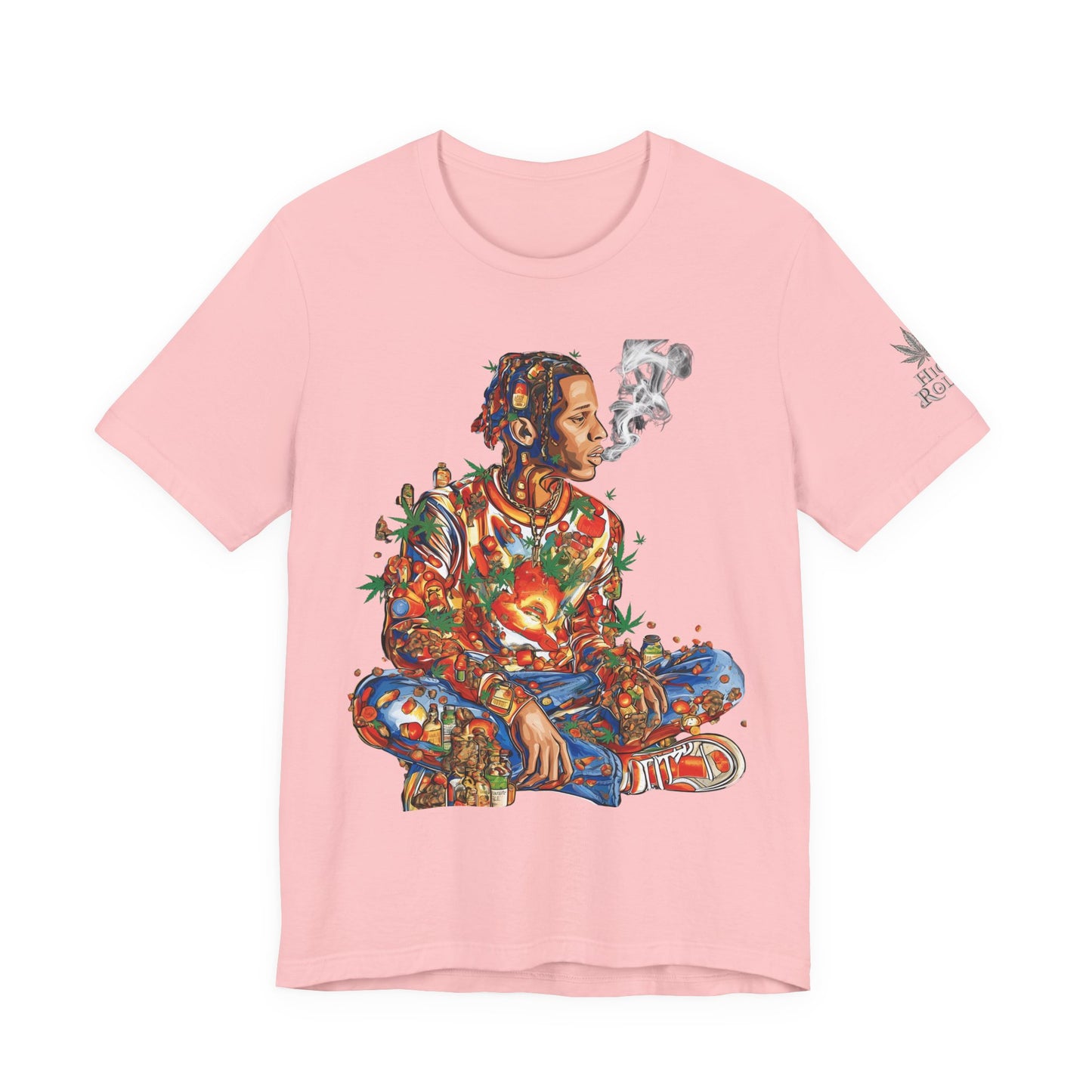 High Roller Meditation Mosaic Cannabis T-Shirt - Premium 420 Hip-Hop Zen Cross-Legged Street Culture Artistic Collage Apparel