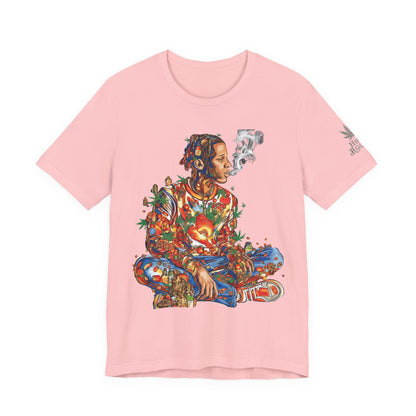 High Roller Meditation Mosaic Cannabis T-Shirt - Premium 420 Hip-Hop Zen Cross-Legged Street Culture Artistic Collage Apparel