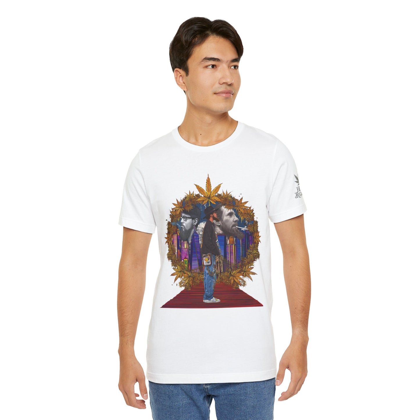 High Roller Red Carpet Cannabis T-Shirt - Premium 420 Hip-Hop Legacy Golden Frame Street Culture Artistic Portrait Apparel