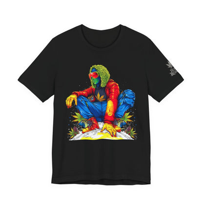 Psychedelic Chill Premium Cannabis Culture T-Shirt - Vibrant Street Art With Rainbow Color Explosion And Meditative Pose