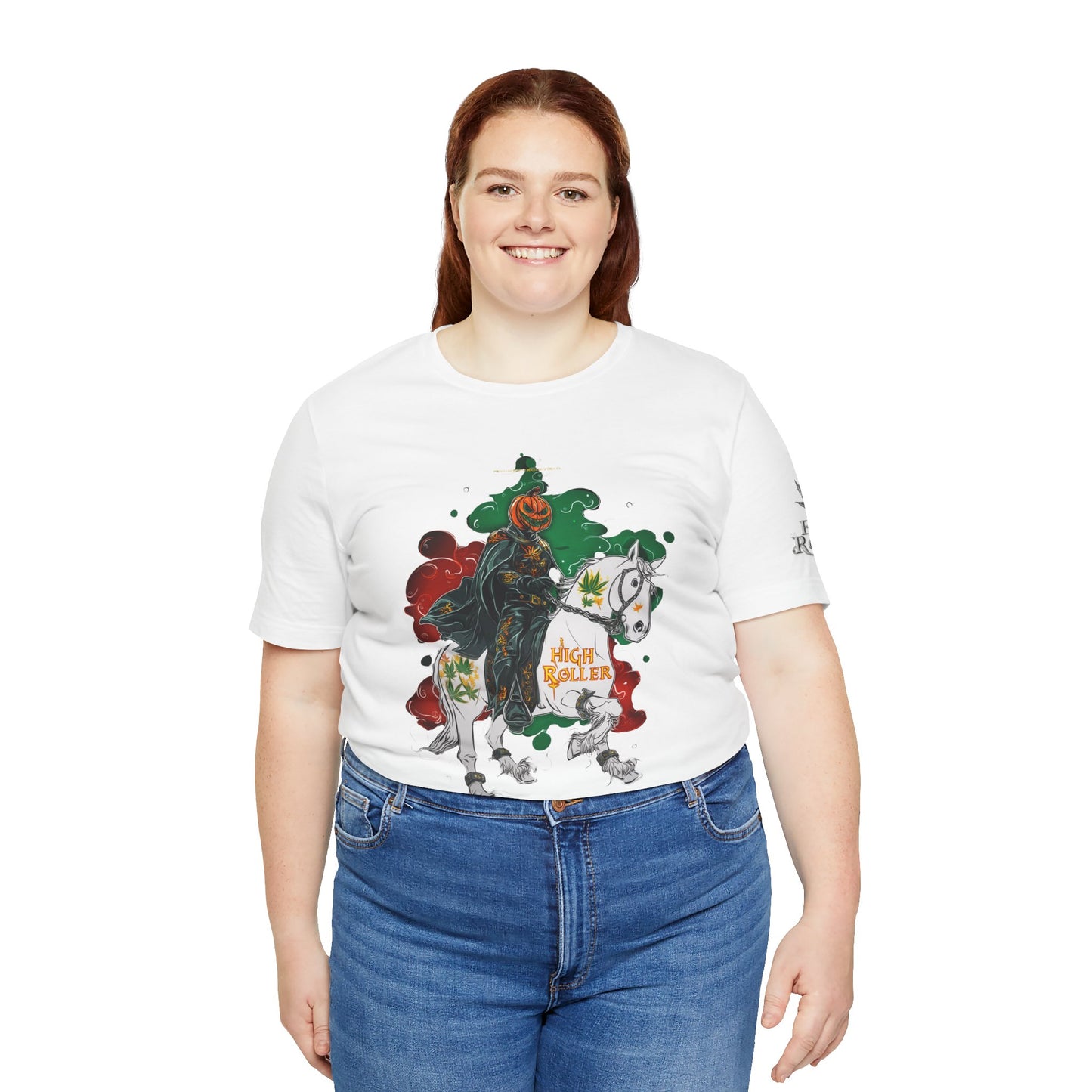 Headless Horseman HIGH ROLLER Halloween Cannabis T-Shirt - Premium Pumpkin Rider Skeletal Steed 420 Apparel