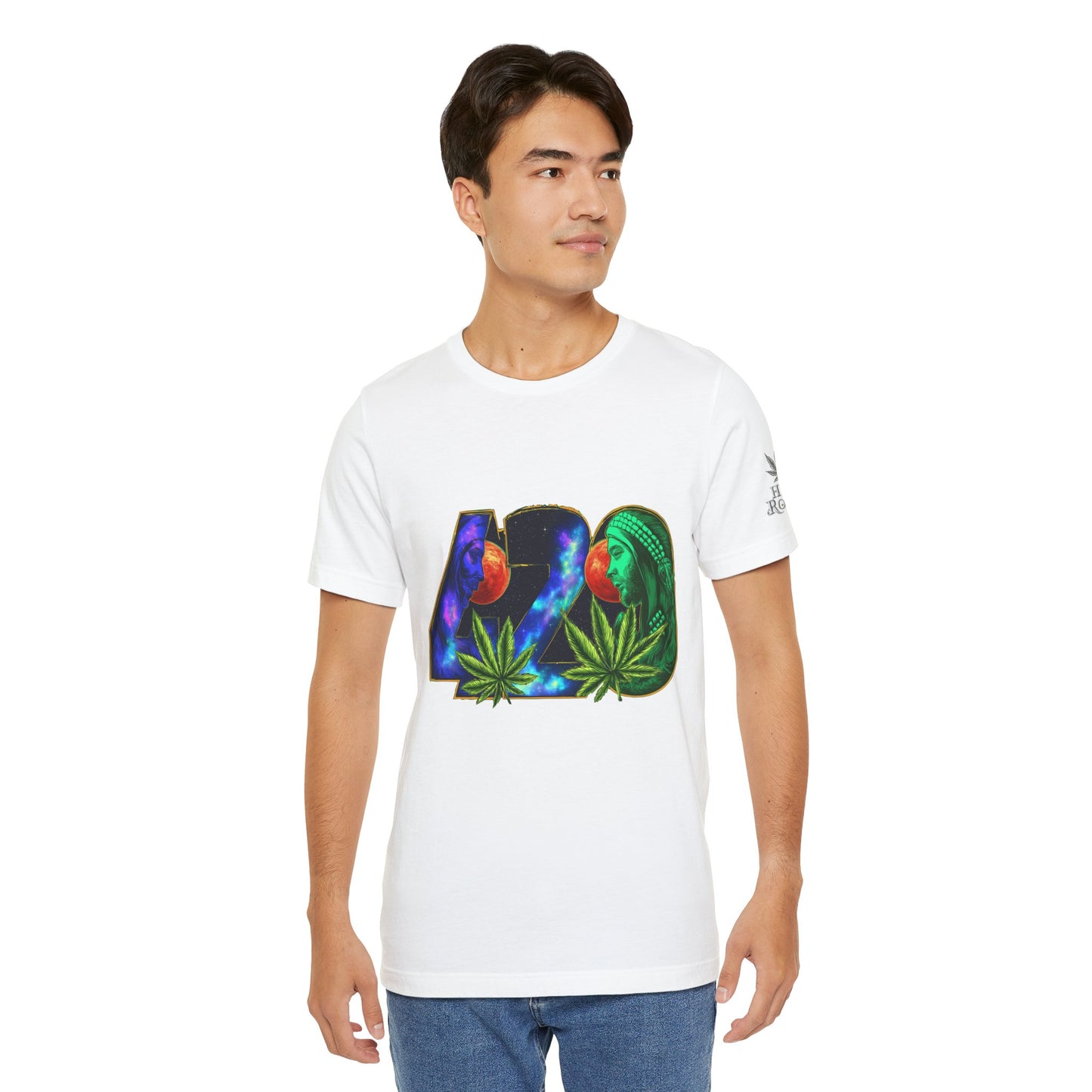 420 Cosmic Connection Premium Cannabis Culture T-Shirt - Bold Typography With Celestial Profiles And Luminous Cannabis Leaf Design