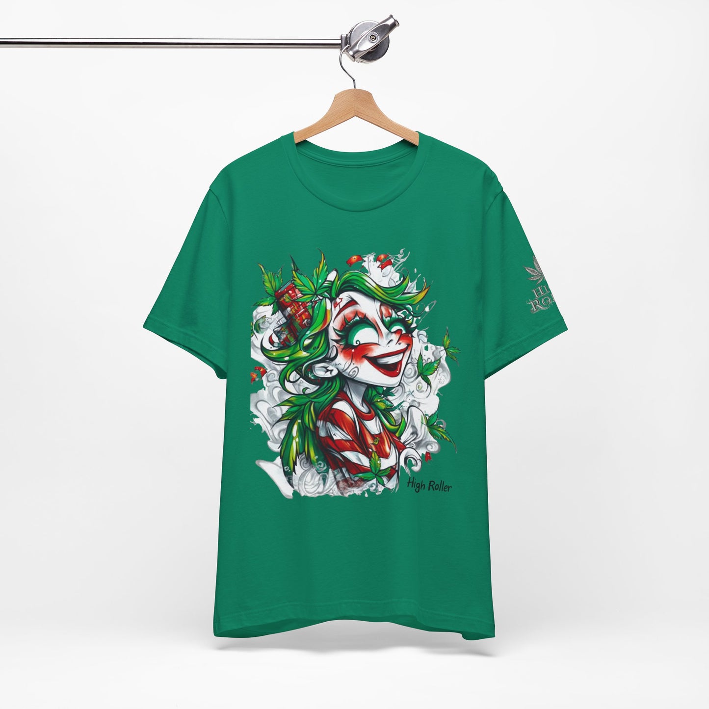 High Roller Jester Queen Cannabis T-Shirt - Premium 420 Harlequin Beauty Holiday Celebration Apparel