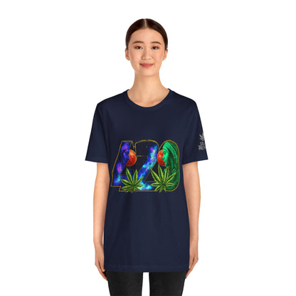 420 Cosmic Connection Premium Cannabis Culture T-Shirt - Bold Typography With Celestial Profiles And Luminous Cannabis Leaf Design
