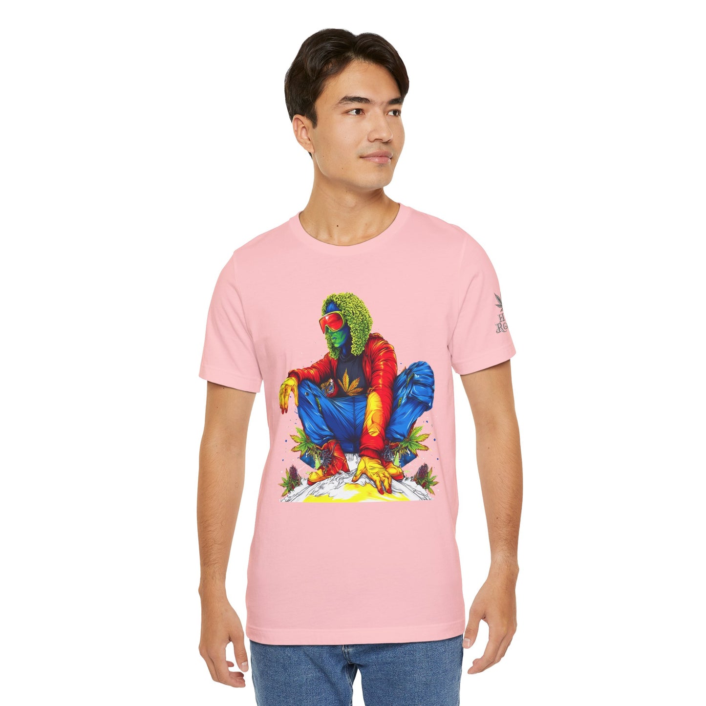 Psychedelic Chill Premium Cannabis Culture T-Shirt - Vibrant Street Art With Rainbow Color Explosion And Meditative Pose