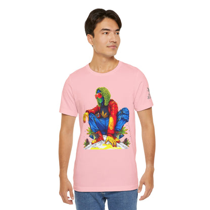 Psychedelic Chill Premium Cannabis Culture T-Shirt - Vibrant Street Art With Rainbow Color Explosion And Meditative Pose