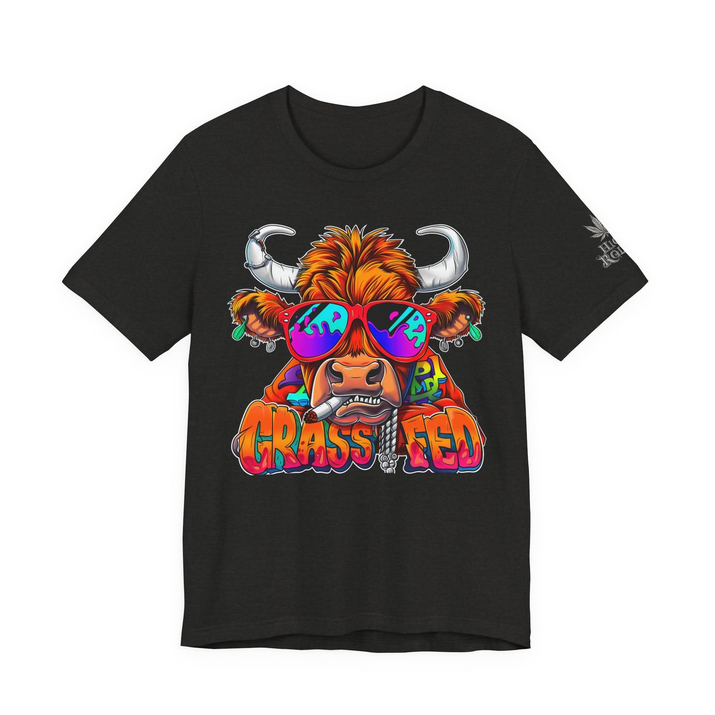 High Roller Grass Fed Cannabis T-Shirt - Premium 420 Highland Cow Humor Psychedelic Sunglasses Farm Culture Comedy Apparel