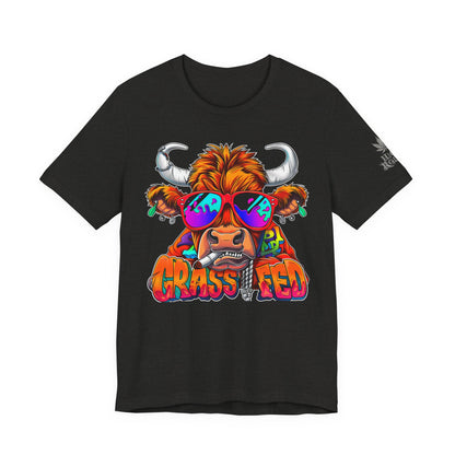 High Roller Grass Fed Cannabis T-Shirt - Premium 420 Highland Cow Humor Psychedelic Sunglasses Farm Culture Comedy Apparel