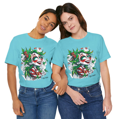 High Roller Jester Queen Cannabis T-Shirt - Premium 420 Harlequin Beauty Holiday Celebration Apparel