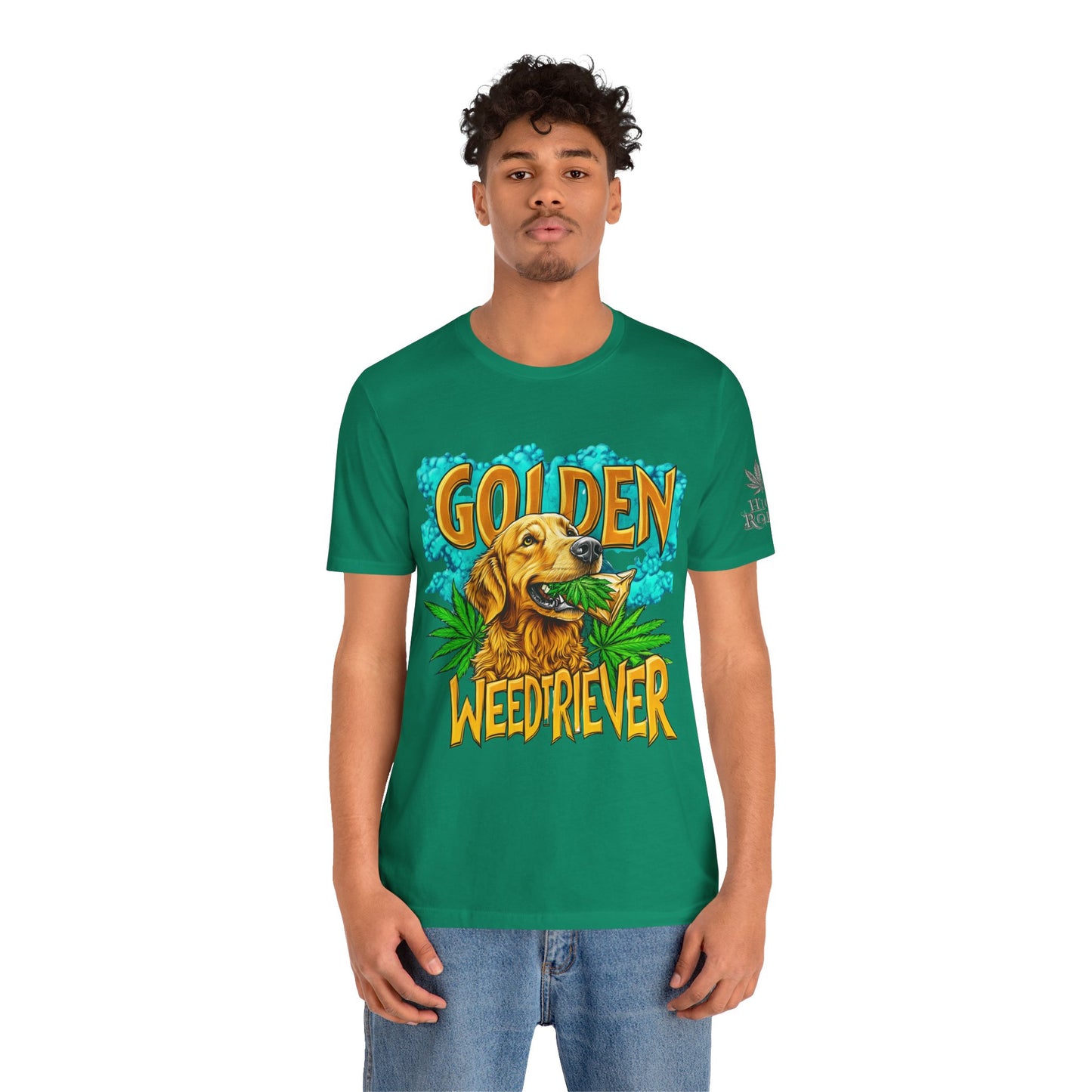 High Roller Golden Weedtriever Cannabis T-Shirt - Premium 420 Dog Lover Humor Golden Retriever Pun Comedy Pet Culture Apparel