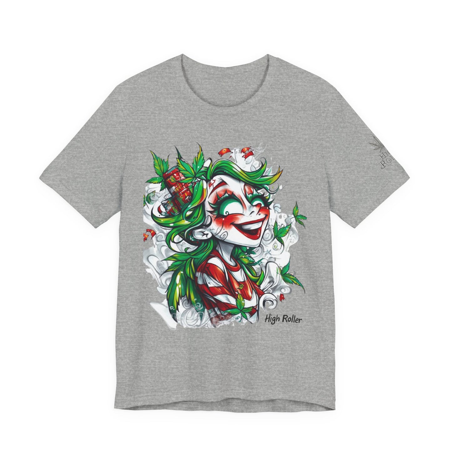 High Roller Jester Queen Cannabis T-Shirt - Premium 420 Harlequin Beauty Holiday Celebration Apparel