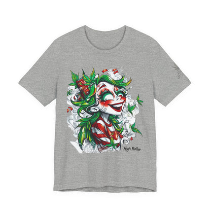 High Roller Jester Queen Cannabis T-Shirt - Premium 420 Harlequin Beauty Holiday Celebration Apparel