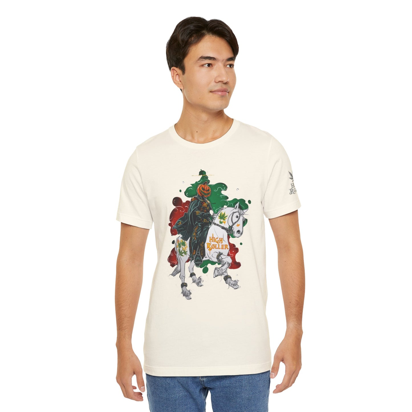 Headless Horseman HIGH ROLLER Halloween Cannabis T-Shirt - Premium Pumpkin Rider Skeletal Steed 420 Apparel