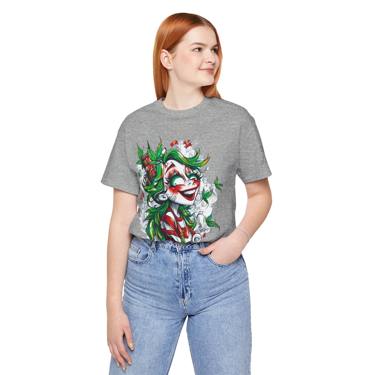 High Roller Jester Queen Cannabis T-Shirt - Premium 420 Harlequin Beauty Holiday Celebration Apparel