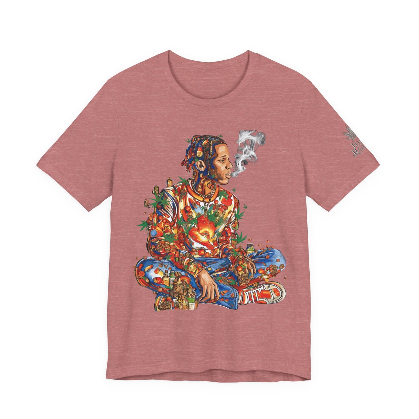 High Roller Meditation Mosaic Cannabis T-Shirt - Premium 420 Hip-Hop Zen Cross-Legged Street Culture Artistic Collage Apparel