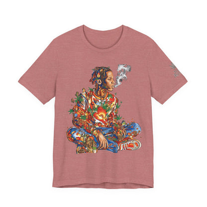 High Roller Meditation Mosaic Cannabis T-Shirt - Premium 420 Hip-Hop Zen Cross-Legged Street Culture Artistic Collage Apparel