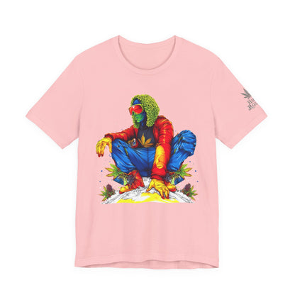 Psychedelic Chill Premium Cannabis Culture T-Shirt - Vibrant Street Art With Rainbow Color Explosion And Meditative Pose