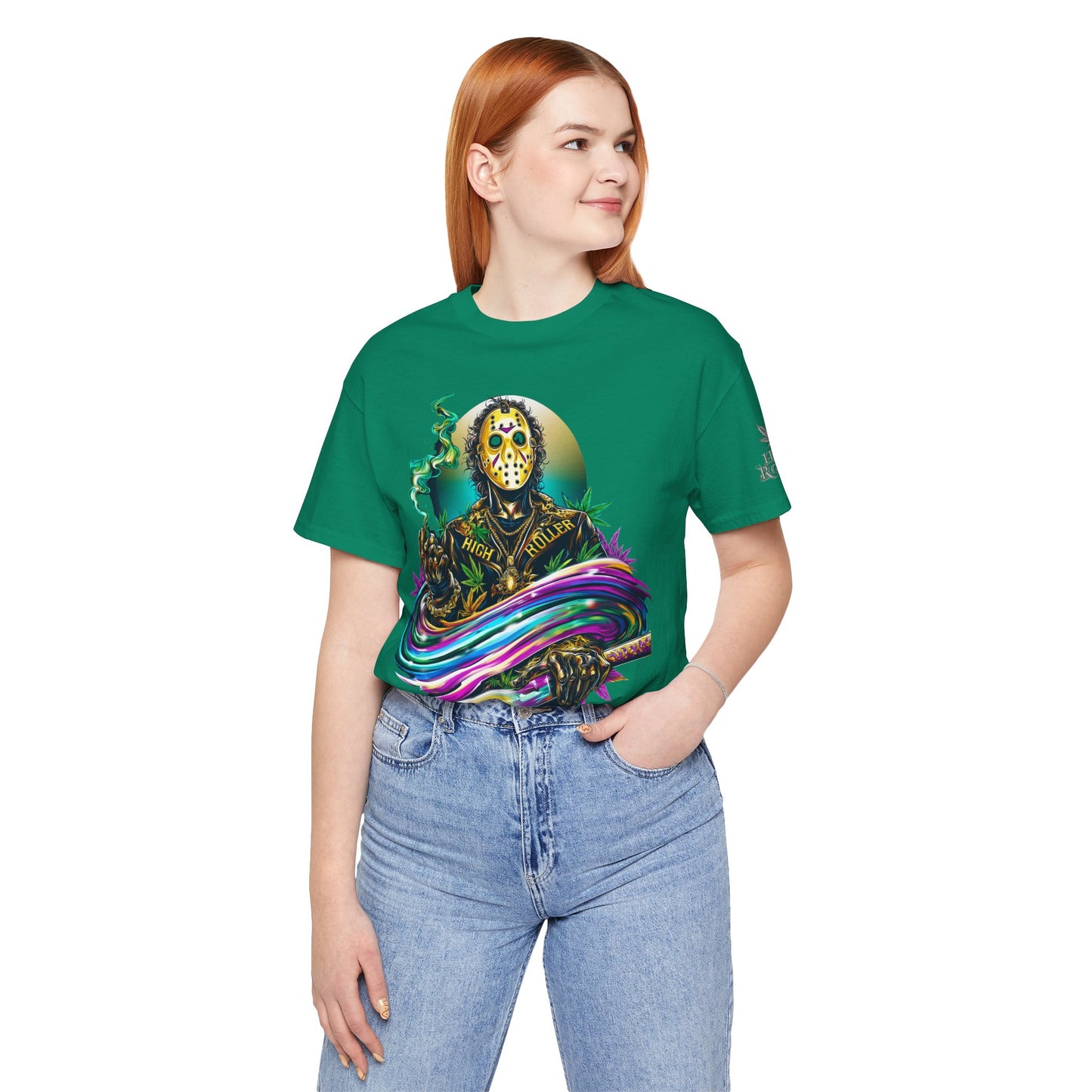 Psychedelic Jason Swoosh Cannabis T-Shirt - Premium Horror 420 Orange Edition Apparel