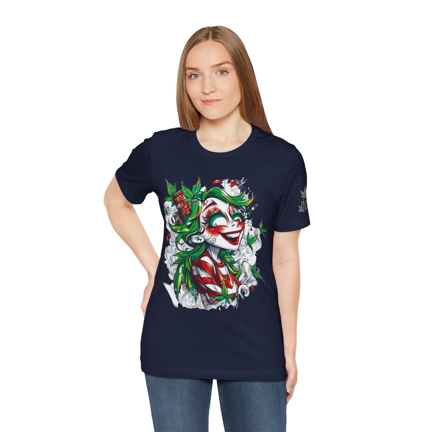 High Roller Jester Queen Cannabis T-Shirt - Premium 420 Harlequin Beauty Holiday Celebration Apparel
