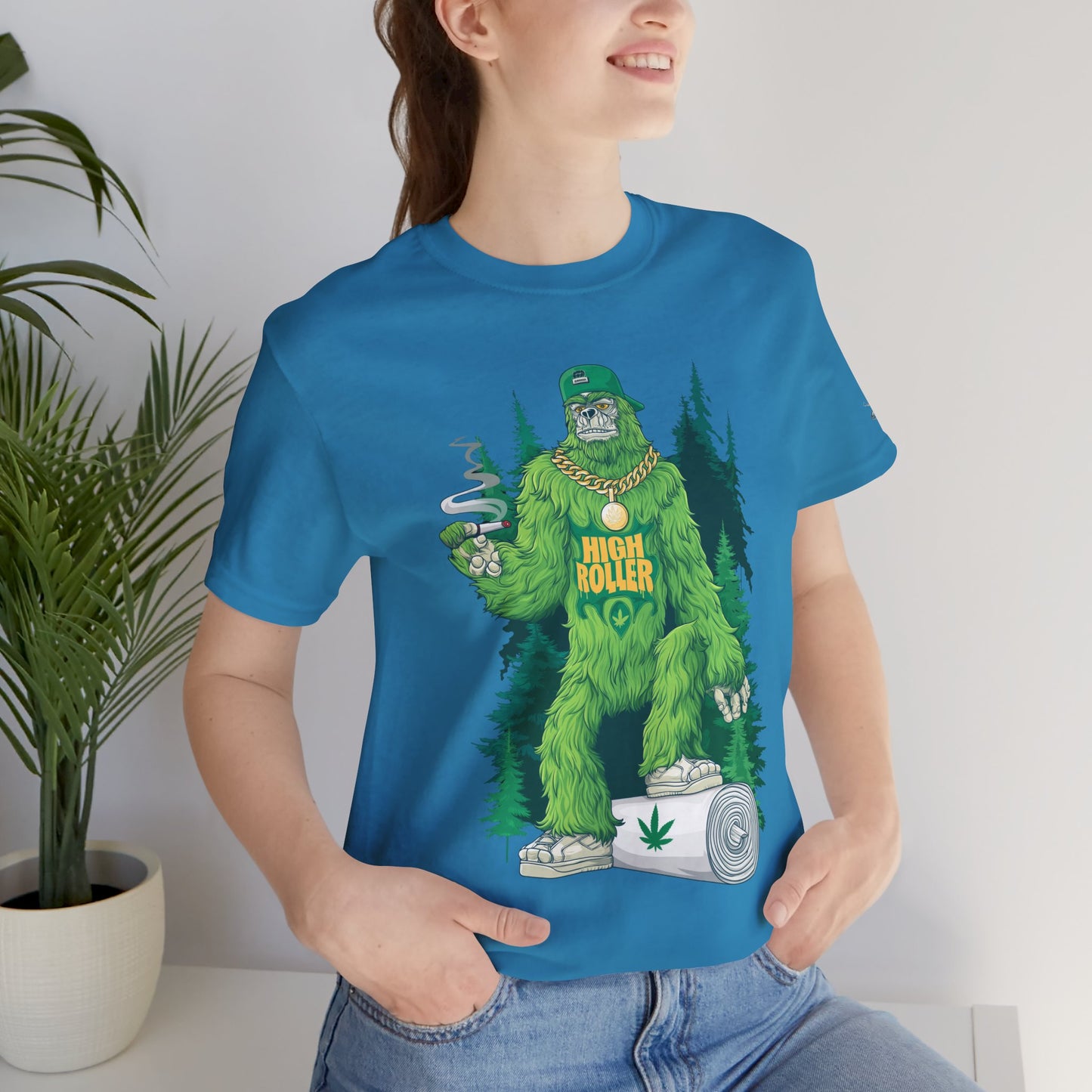 Bigfoot HIGH ROLLER Halloween Cannabis Forest T-Shirt - Premium Sasquatch Lifestyle Legend 420 Apparel