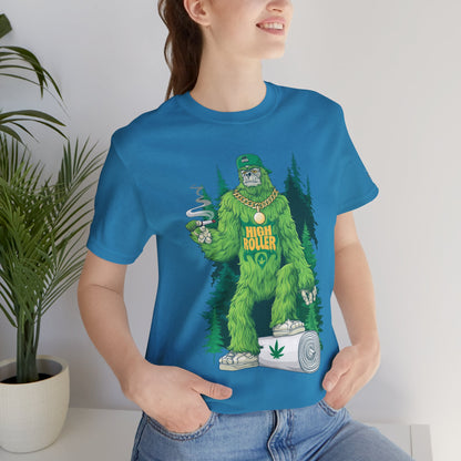 Bigfoot HIGH ROLLER Halloween Cannabis Forest T-Shirt - Premium Sasquatch Lifestyle Legend 420 Apparel