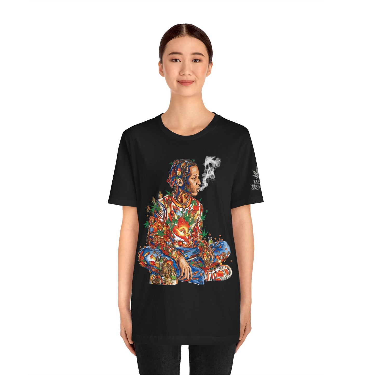 High Roller Meditation Mosaic Cannabis T-Shirt - Premium 420 Hip-Hop Zen Cross-Legged Street Culture Artistic Collage Apparel
