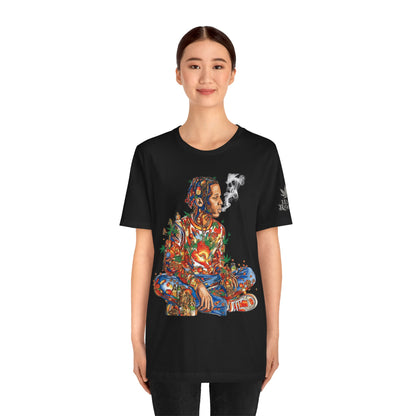 High Roller Meditation Mosaic Cannabis T-Shirt - Premium 420 Hip-Hop Zen Cross-Legged Street Culture Artistic Collage Apparel