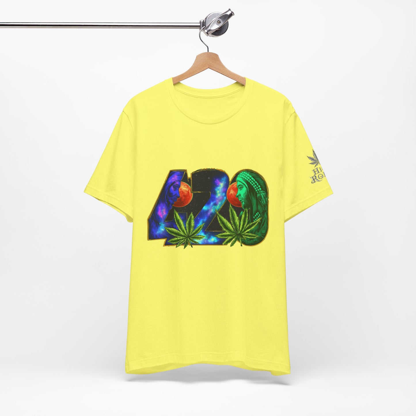 420 Cosmic Connection Premium Cannabis Culture T-Shirt - Bold Typography With Celestial Profiles And Luminous Cannabis Leaf Design